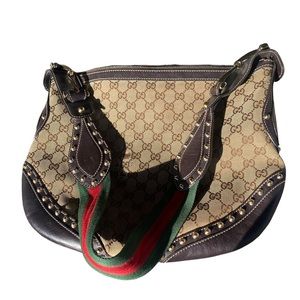 GUCCI vintage fabric Gold studded shoulder bag with Green and Red strap